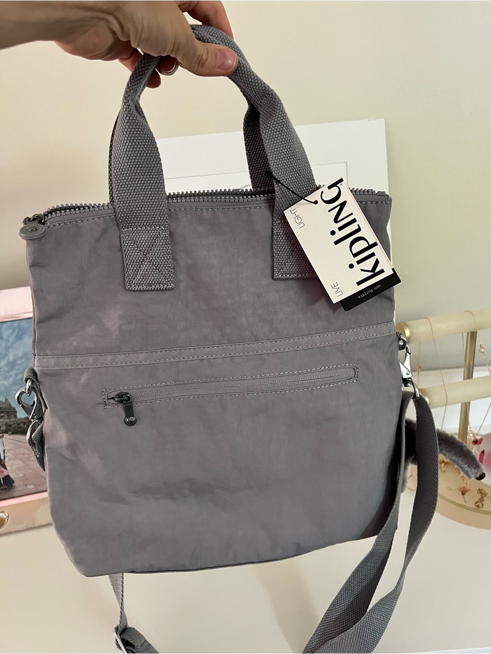 Kipling Dove Gray Convertible Tote with Crossbody Strap